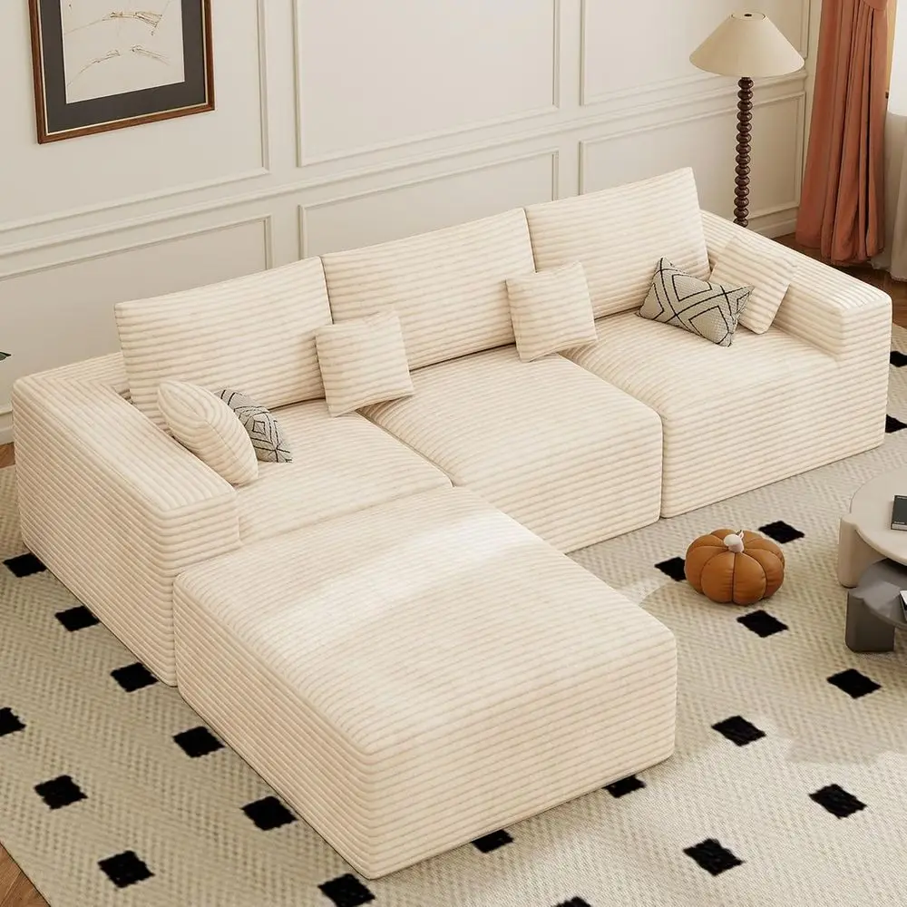4 Seater L-Shaped Cloud Couch, Convertible Sectional Sofa with Ottoman, No Assembly, Beige Corduroy Sofa Set
4 Seater L-Shaped Cloud Couch, Convertible Sectional Sofa with Ottoman, No Assembly, Beige Corduroy Sofa Set