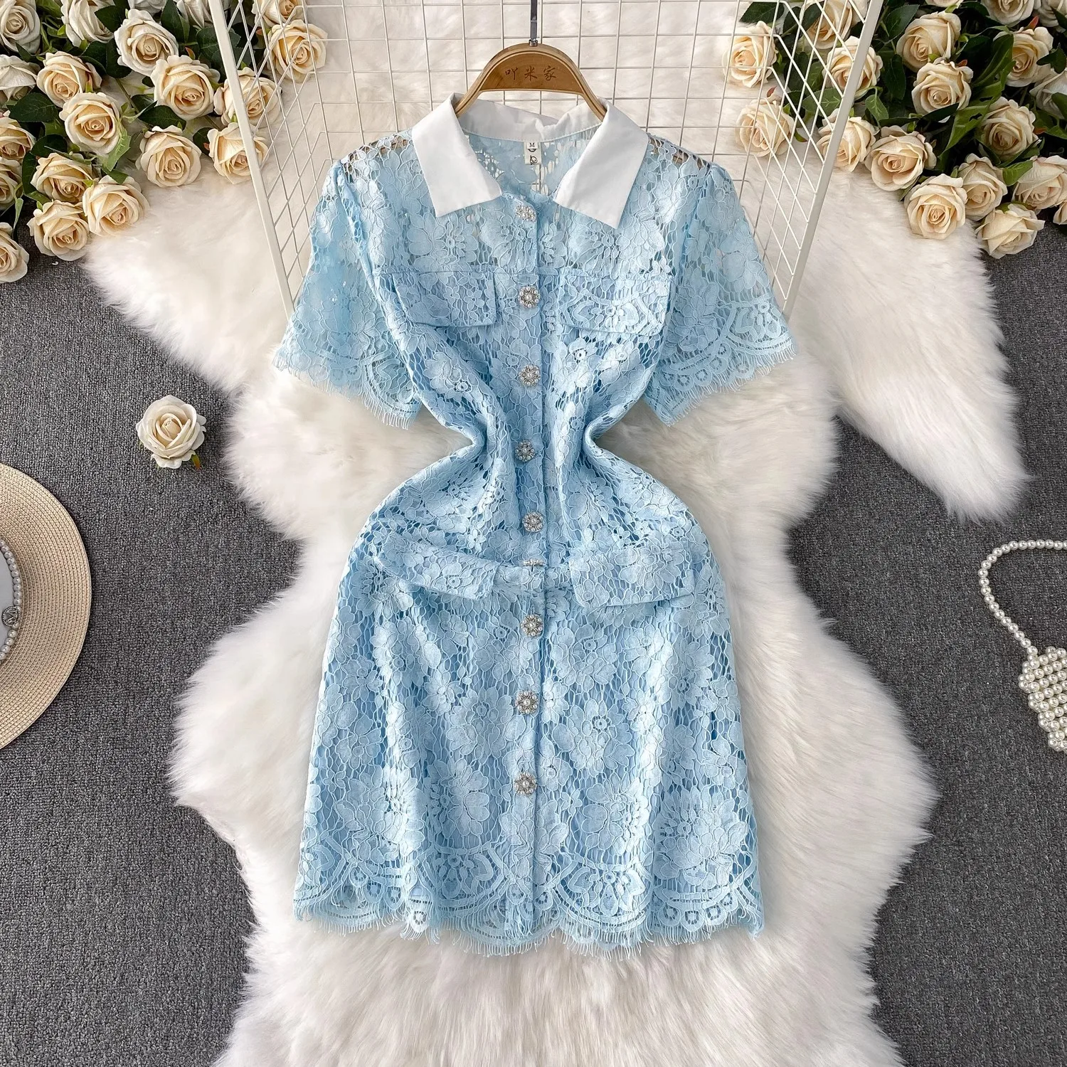 Women Dress Light Blue Lace Shirt Dress Elegant Collared Short Sleeve Mini Dress with Rhinestone Buttons Pocket Detail Fashion
Women Dress Light Blue Lace Shirt Dress Elegant Collared Short Sleeve Mini Dress with Rhinestone Buttons Pocket Detail Fashion