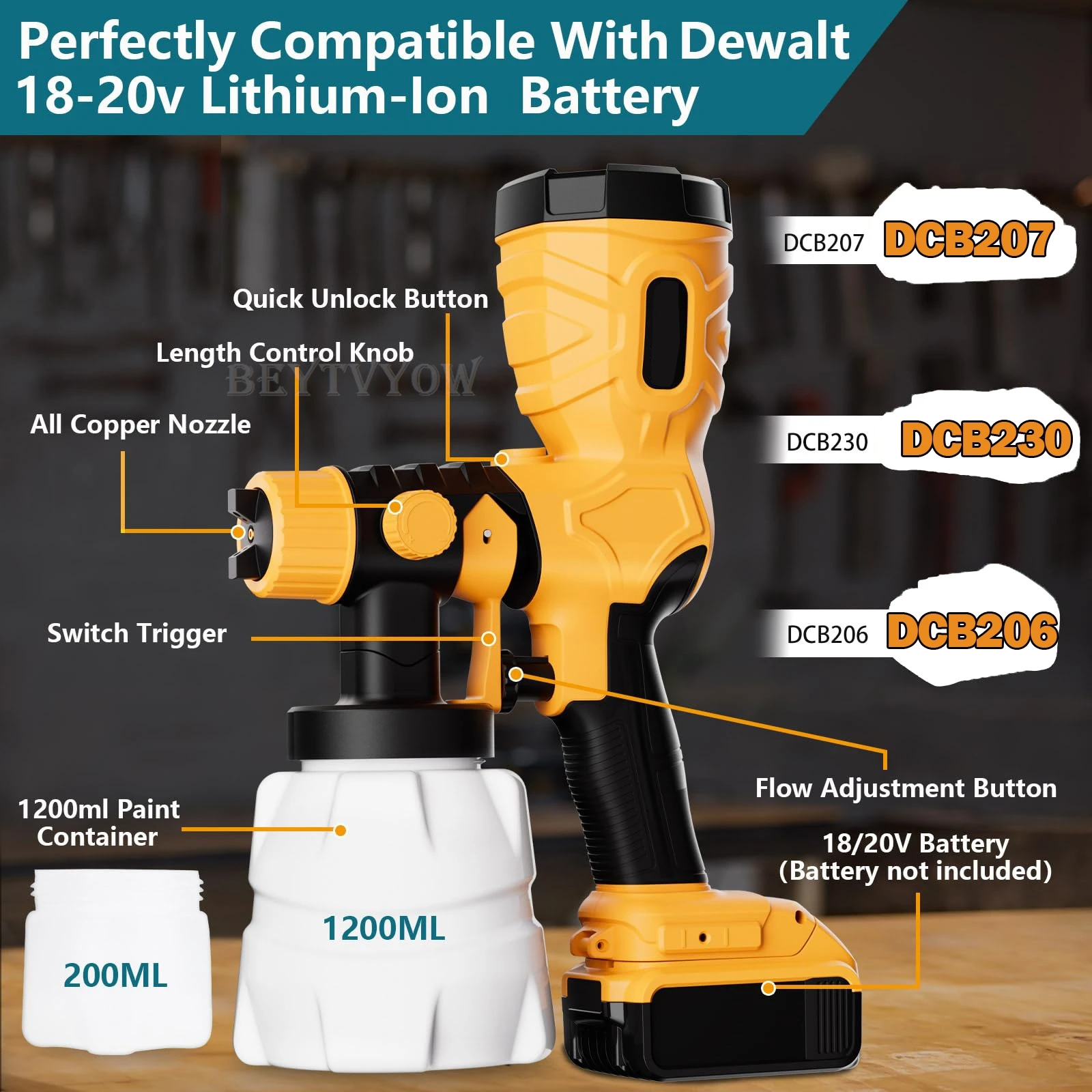 Beytvyow 1000ML Cordless Spray Gun for Dewalt 20V Battery Brushless Motor Home Electric Paint Sprayer 4 Nozzle Easy For Beginner
Beytvyow 1000ML Cordless Spray Gun for Dewalt 20V Battery Brushless Motor Home Electric Paint Sprayer 4 Nozzle Easy For Beginner