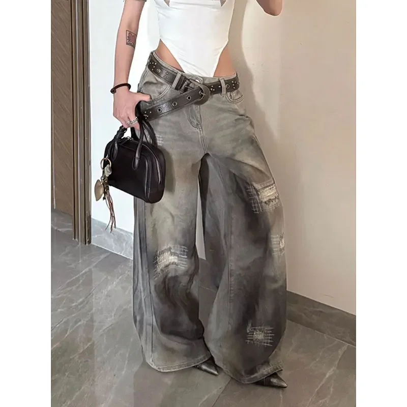 American Retro Y2K 2000s Ripped Grey Spliced Jeans Women Loose Wide Legs 2025 Summer Style Design High Waist Straight Trousers
American Retro Y2K 2000s Ripped Grey Spliced Jeans Women Loose Wide Legs 2025 Summer Style Design High Waist Straight Trousers