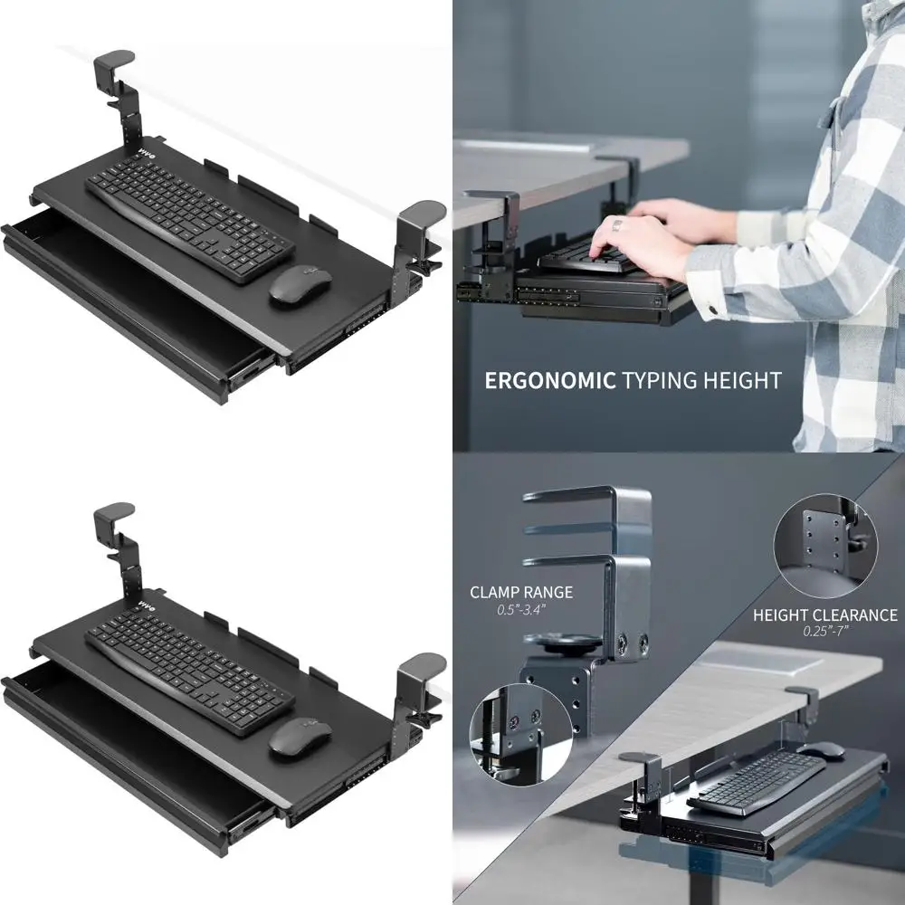 Extra Sturdy Adjustable Clamp-on Keyboard Tray with Storage, 27 x 11 Slide-Out Platform, Black
