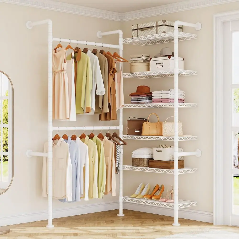 Wall Mounted Closet System, Industrial Pipe Clothing Rack Clothes Racks with 2 Telescopic Rod & 6 Shelves, White
Wall Mounted Closet System, Industrial Pipe Clothing Rack Clothes Racks with 2 Telescopic Rod & 6 Shelves, White