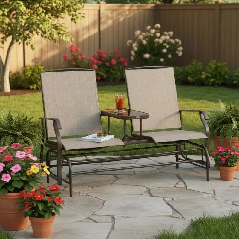 Outdoor Glider Bench with Center Table, Metal Frame Patio Loveseat with Breathable Mesh Fabric and Armrests for Backyard Garden Porch, Brown
Outdoor Glider Bench with Center Table, Metal Frame Patio Loveseat with Breathable Mesh Fabric and Armrests for Backyard Garden Porch, Brown