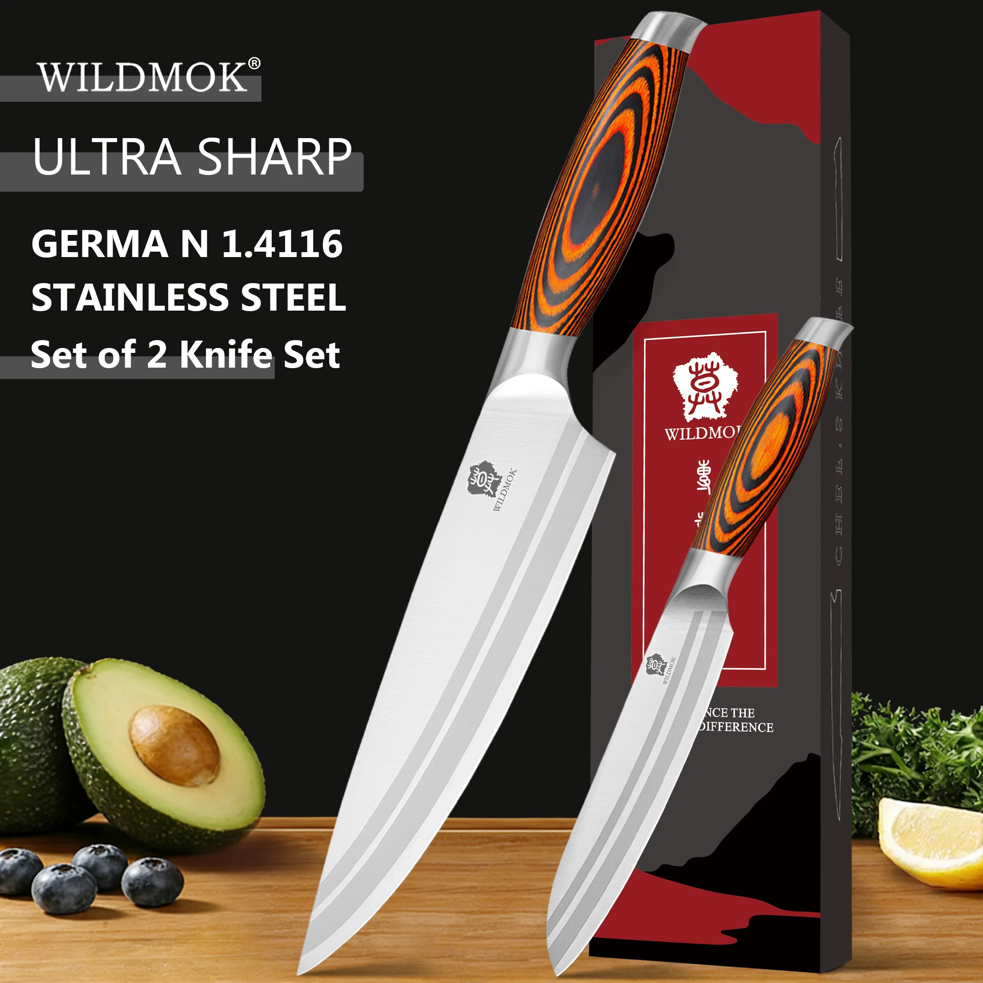 WILDMOK 2PCS Kitchen Knife Set, High Quality German 1.4116 Stainless Steel Chef & Utility Knife with Ergonomic Pakkawood Handle
WILDMOK 2PCS Kitchen Knife Set, High Quality German 1.4116 Stainless Steel Chef & Utility Knife with Ergonomic Pakkawood Handle