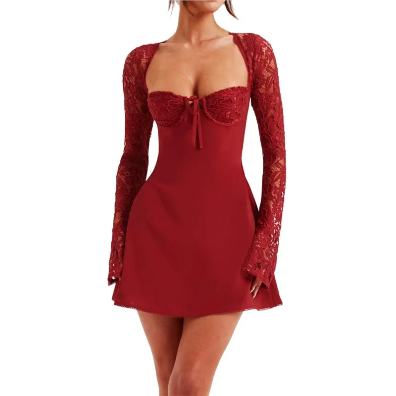 Sexy Lace Long Sleeved Patchwork Women's Mini Dress Elegant Party Dance Lace-up Design Dresses Ladies High-waist A-line Vestidos
Sexy Lace Long Sleeved Patchwork Women's Mini Dress Elegant Party Dance Lace-up Design Dresses Ladies High-waist A-line Vestidos