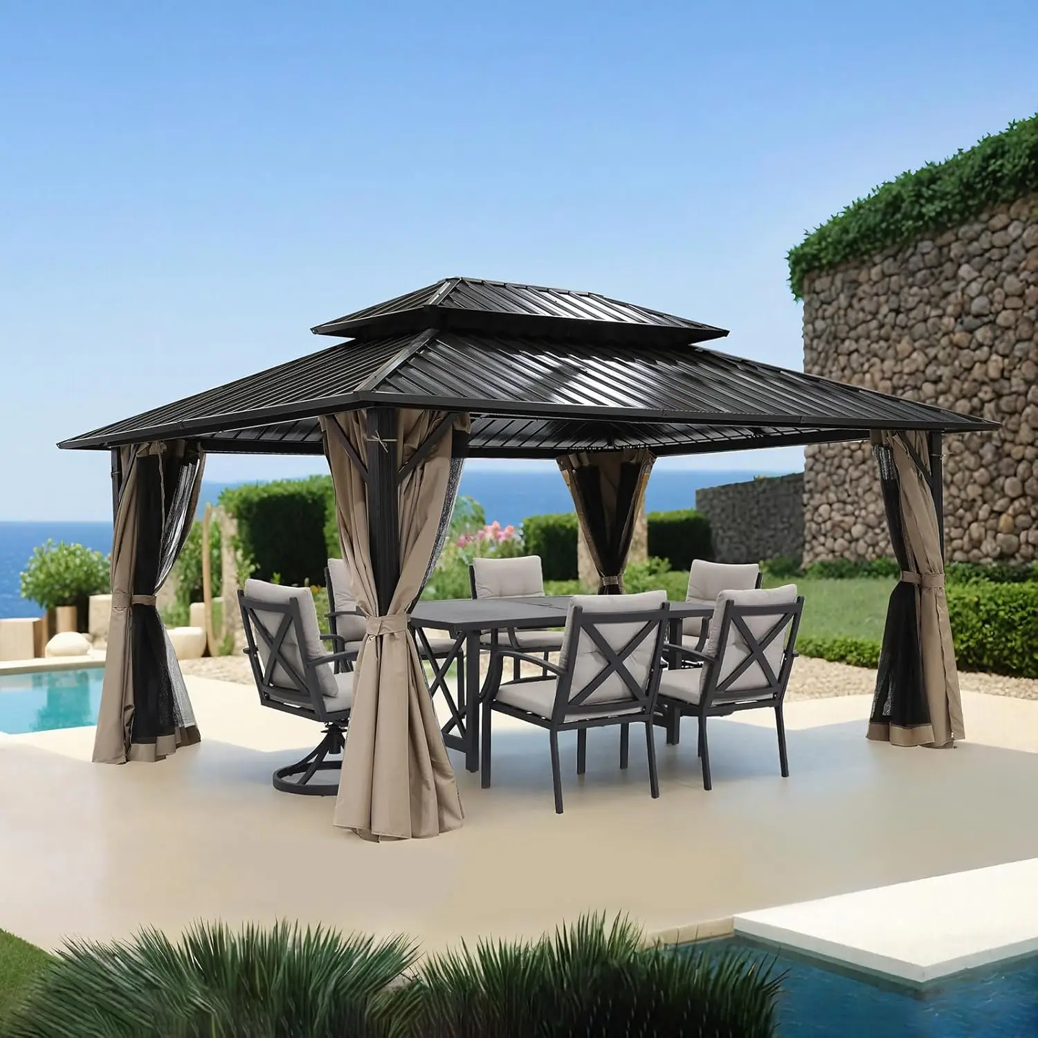 10' x 12' Hardtop Gazebo, Aluminum Frame Outdoor Patio Gazebo with Netting and Curtains, Outdoor Hardtop Gazebos, Patio, Custom
10' x 12' Hardtop Gazebo, Aluminum Frame Outdoor Patio Gazebo with Netting and Curtains, Outdoor Hardtop Gazebos, Patio, Custom