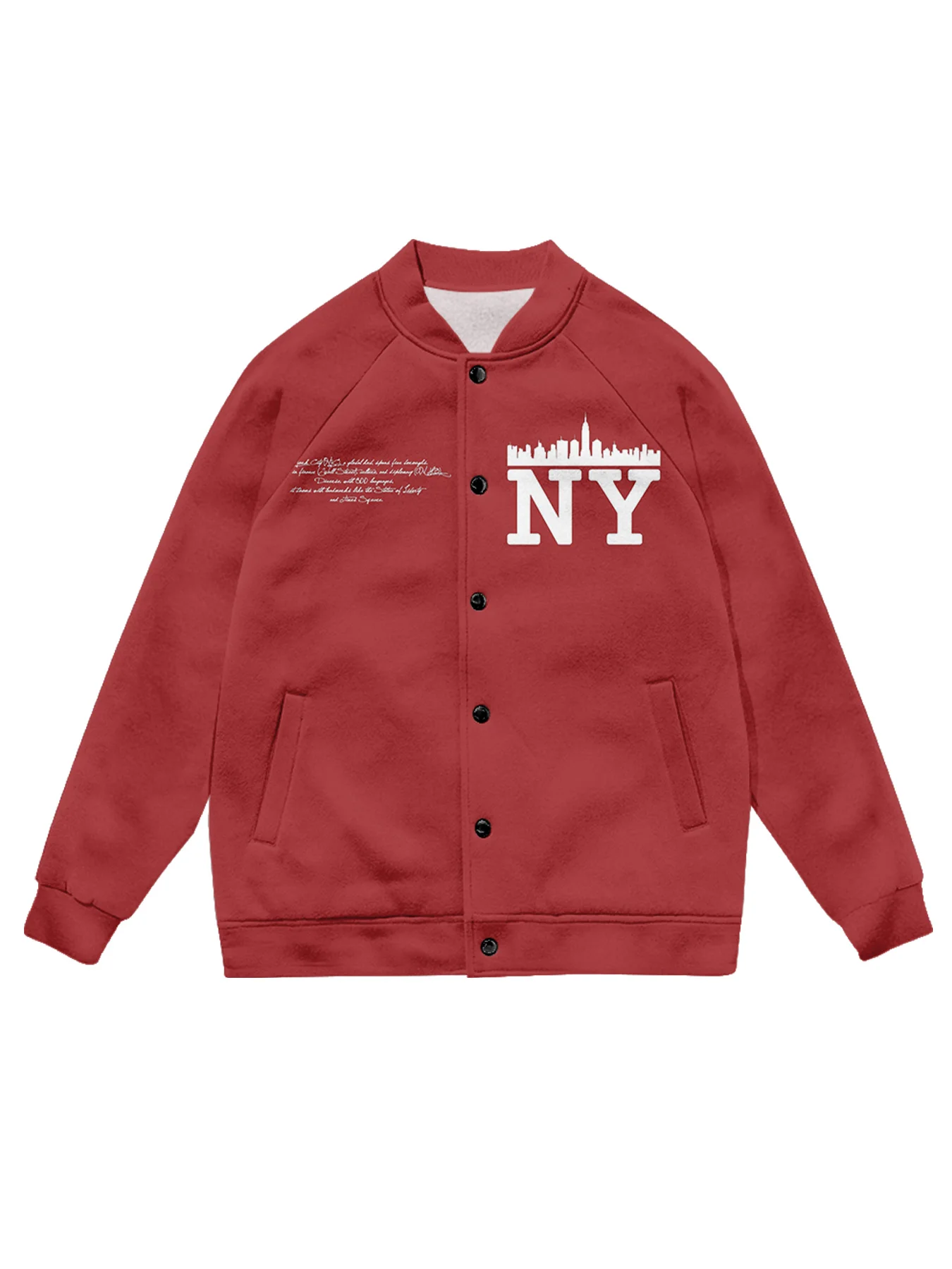 NY Skyline Baseball Jacket with Cursive Text Classic Button-Up Front Ribbed Cuffs Street-Style Outerwear in Black Red Fashion
NY Skyline Baseball Jacket with Cursive Text Classic Button-Up Front Ribbed Cuffs Street-Style Outerwear in Black Red Fashion