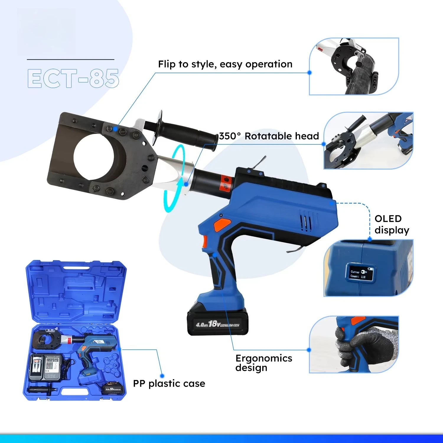 ECT-85 Powerful 85mm OEM Factory CE Approved Cost Effective Hydraulic 18V Battery Cable Cutting Tool
ECT-85 Powerful 85mm OEM Factory CE Approved Cost Effective Hydraulic 18V Battery Cable Cutting Tool