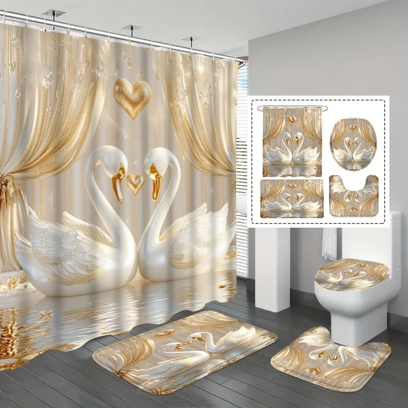 1 or 4 Piece Gold 3D Swan Shower Curtain Set - Creative Bathroom Decor with Rugs - Washable Fabric Curtain and Toilet Lid Cover
1 or 4 Piece Gold 3D Swan Shower Curtain Set - Creative Bathroom Decor with Rugs - Washable Fabric Curtain and Toilet Lid Cover