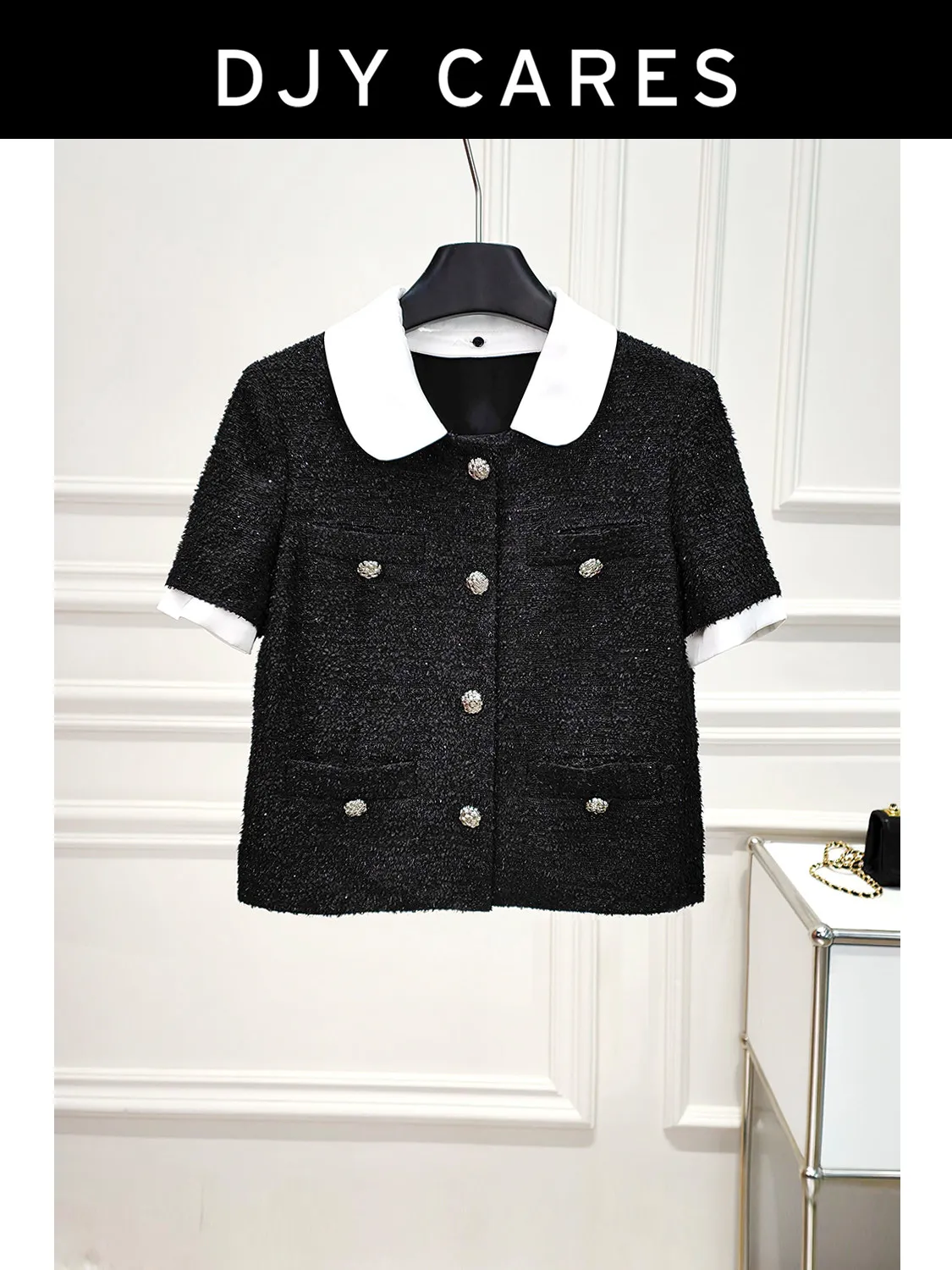 New Color blocked detachable doll collar versatile black slimming short sleeved top big size
New Color blocked detachable doll collar versatile black slimming short sleeved top big size