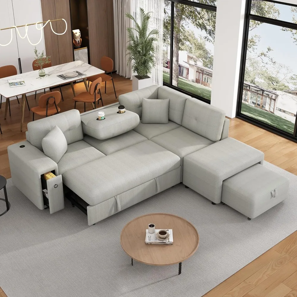 Pull-Out Sofa Bed, Chenille L-Shaped Sectional Sofa Couch with a Movable Ottoman, 2 USB Ports and 2 Cup Holders for Living Room
Pull-Out Sofa Bed, Chenille L-Shaped Sectional Sofa Couch with a Movable Ottoman, 2 USB Ports and 2 Cup Holders for Living Room