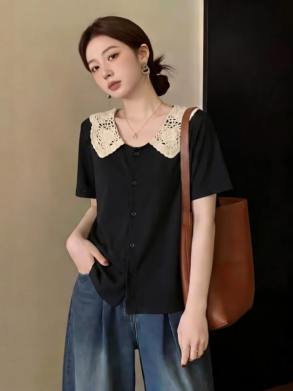 Lace Hook Flower Hollow Collar Short Sleeve Women's Shirt Summer New Style plus Size Fashionable Youthful Top Korean Style
Lace Hook Flower Hollow Collar Short Sleeve Women's Shirt Summer New Style plus Size Fashionable Youthful Top Korean Style