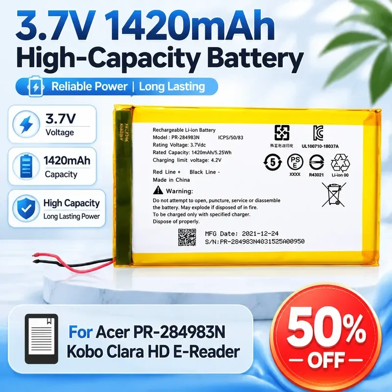 3.7V 1420mAh High-Capacity Battery for Acer PR-284983N Kobo Clara HD E-Reader Fast Shipping In Stock
3.7V 1420mAh High-Capacity Battery for Acer PR-284983N Kobo Clara HD E-Reader Fast Shipping In Stock