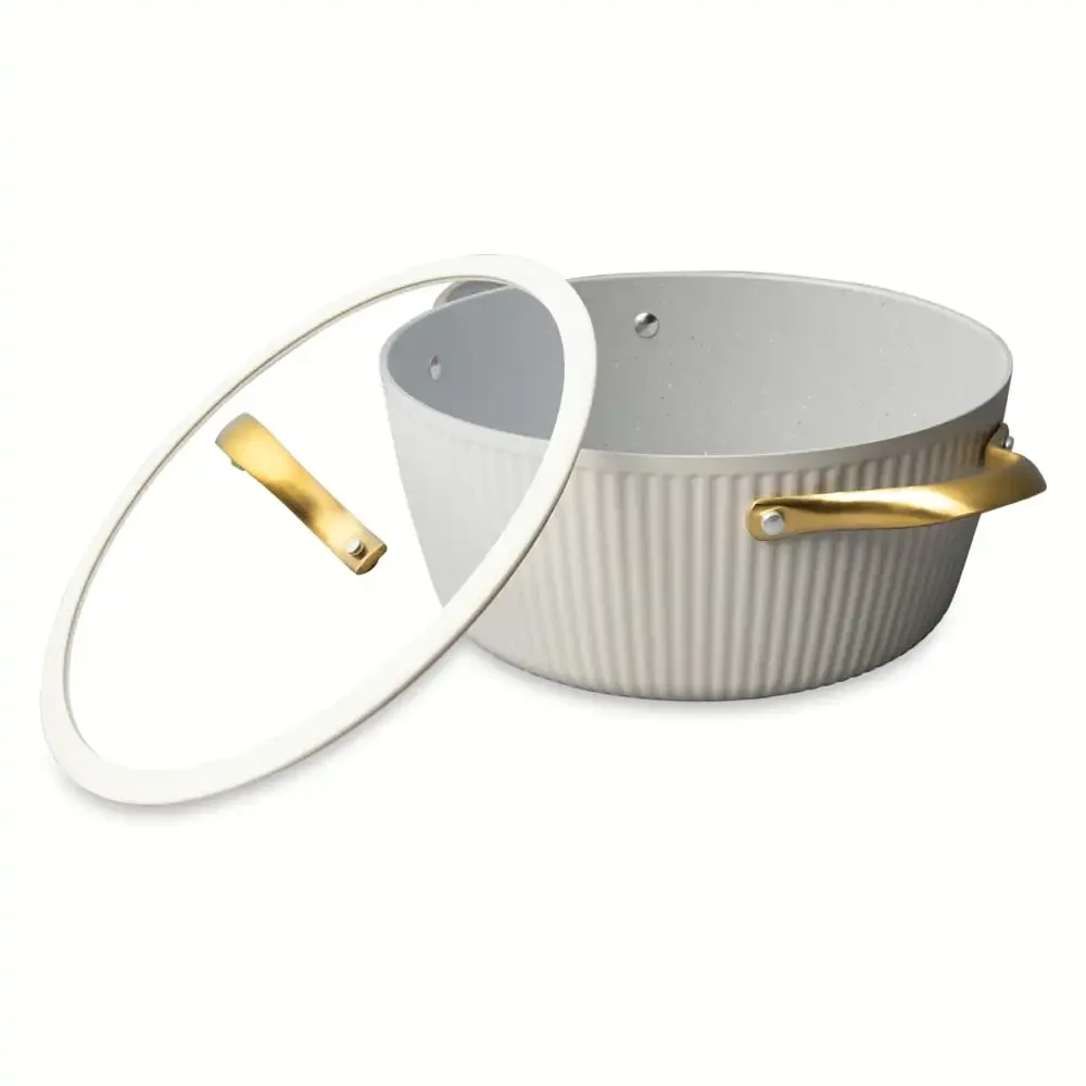 5.5QT Non-Stick Ribbed Dutch Oven, White & Gold, Oven & Stovetop Safe, For Baking, Braising, Stewing, Even Heat, Easy Clean
5.5QT Non-Stick Ribbed Dutch Oven, White & Gold, Oven & Stovetop Safe, For Baking, Braising, Stewing, Even Heat, Easy Clean