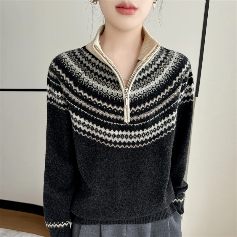 Autumn/Winter Ladies' 100% Pure Wool Pullover Casual Fair Isle Knitted Sweater Loose Zipper Stand-Collar Tops Thick Warm Jumper
Autumn/Winter Ladies' 100% Pure Wool Pullover Casual Fair Isle Knitted Sweater Loose Zipper Stand-Collar Tops Thick Warm Jumper