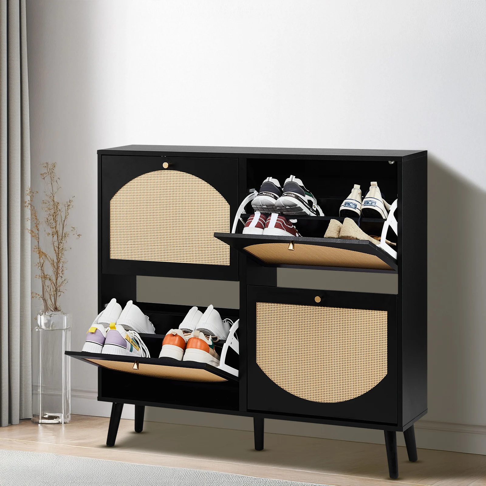 2 Rows 4 Doors Rattan Shoe Cabinet High Leg Storage Cabinet 105×24×98cm Black Frame
2 Rows 4 Doors Rattan Shoe Cabinet High Leg Storage Cabinet 105×24×98cm Black Frame