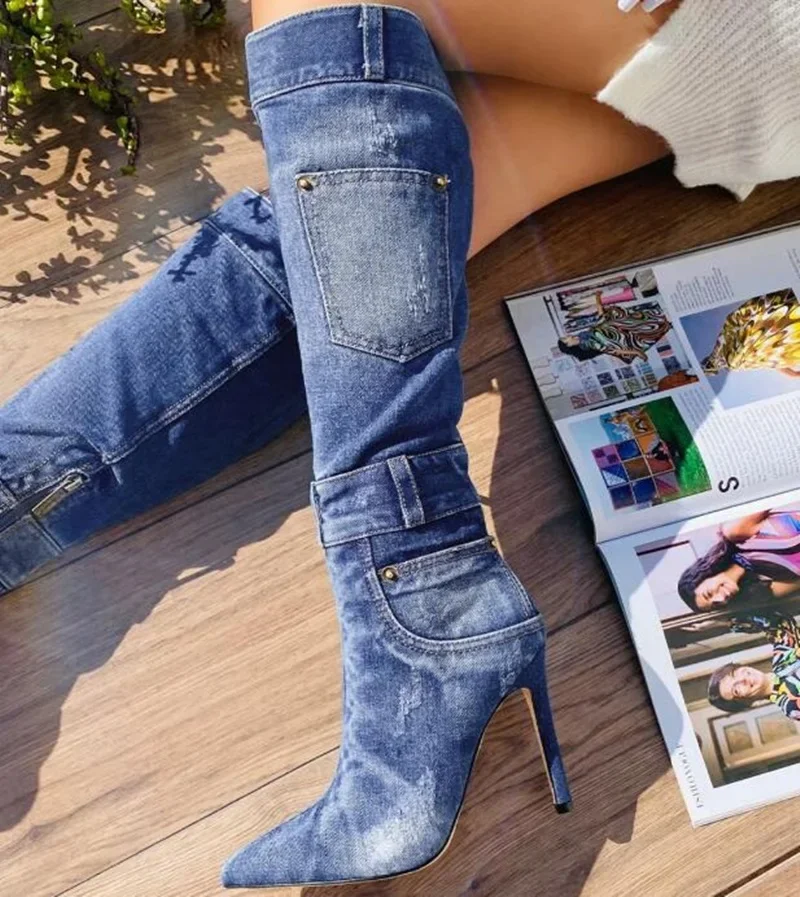 Newest Wash Denim Pocketed Knee High Boots Side Zipper Belt Straps Thin Heels Fashion Women Jeans Thigh High Boots
Newest Wash Denim Pocketed Knee High Boots Side Zipper Belt Straps Thin Heels Fashion Women Jeans Thigh High Boots