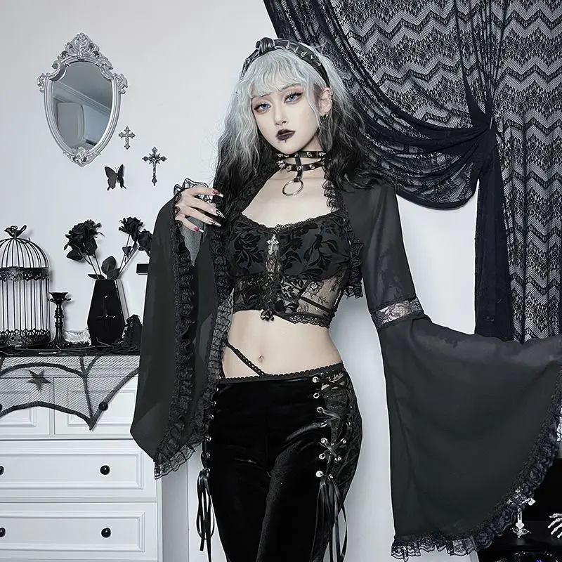 Y2k Dark Gothic Style Long Sleeve Extreme Short Cardigan Women Casual Lolita Cover- Up Top Lace Patchwork Flare Sleeve Slim
Y2k Dark Gothic Style Long Sleeve Extreme Short Cardigan Women Casual Lolita Cover- Up Top Lace Patchwork Flare Sleeve Slim