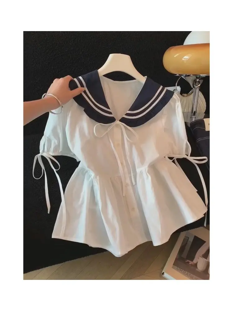 Casual Naval Collar Short Sleeve Shirt Women's Summer 2026 New Design Waist-Cinching Slimming Top College Style Loose Fit
Casual Naval Collar Short Sleeve Shirt Women's Summer 2026 New Design Waist-Cinching Slimming Top College Style Loose Fit