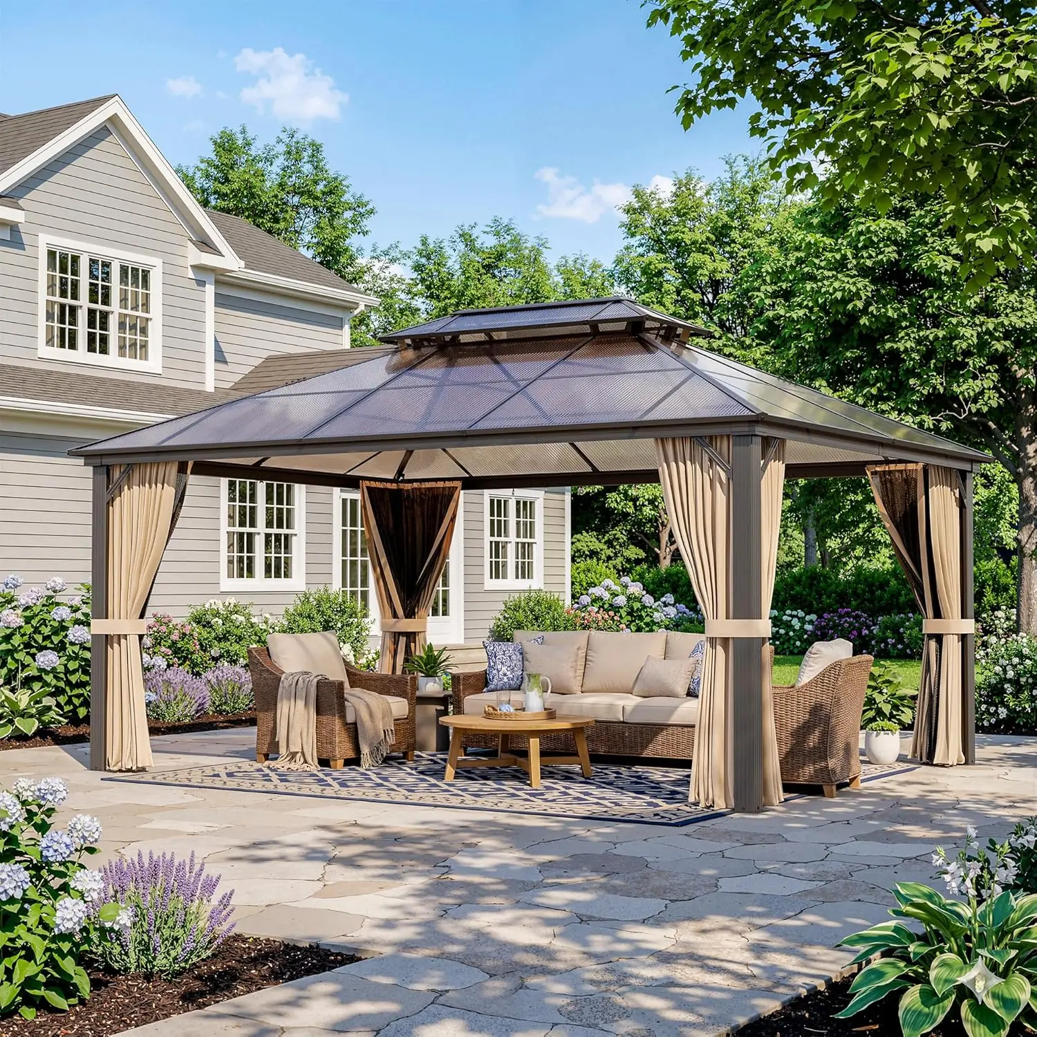 12'x16' Hardtop Gazebo, Outdoor Polycarbonate Roof Canopy, Aluminum Frame Permanent Pavilion with Curtains and Netting,, Custom
12'x16' Hardtop Gazebo, Outdoor Polycarbonate Roof Canopy, Aluminum Frame Permanent Pavilion with Curtains and Netting,, Custom
