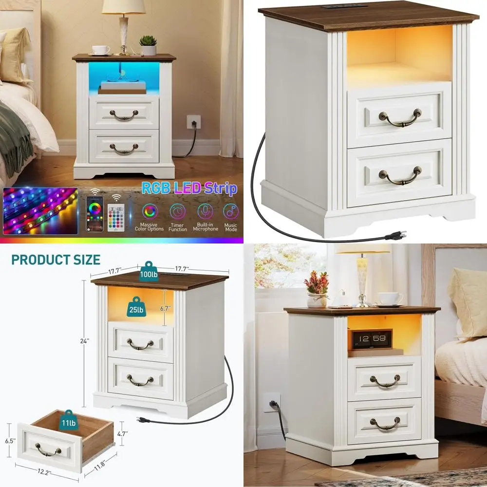 Modern LED Nightstand with Charging Station, 2 Drawers, Open Shelf, for Bedroom or Living Room, White and Walnut Finish
Modern LED Nightstand with Charging Station, 2 Drawers, Open Shelf, for Bedroom or Living Room, White and Walnut Finish