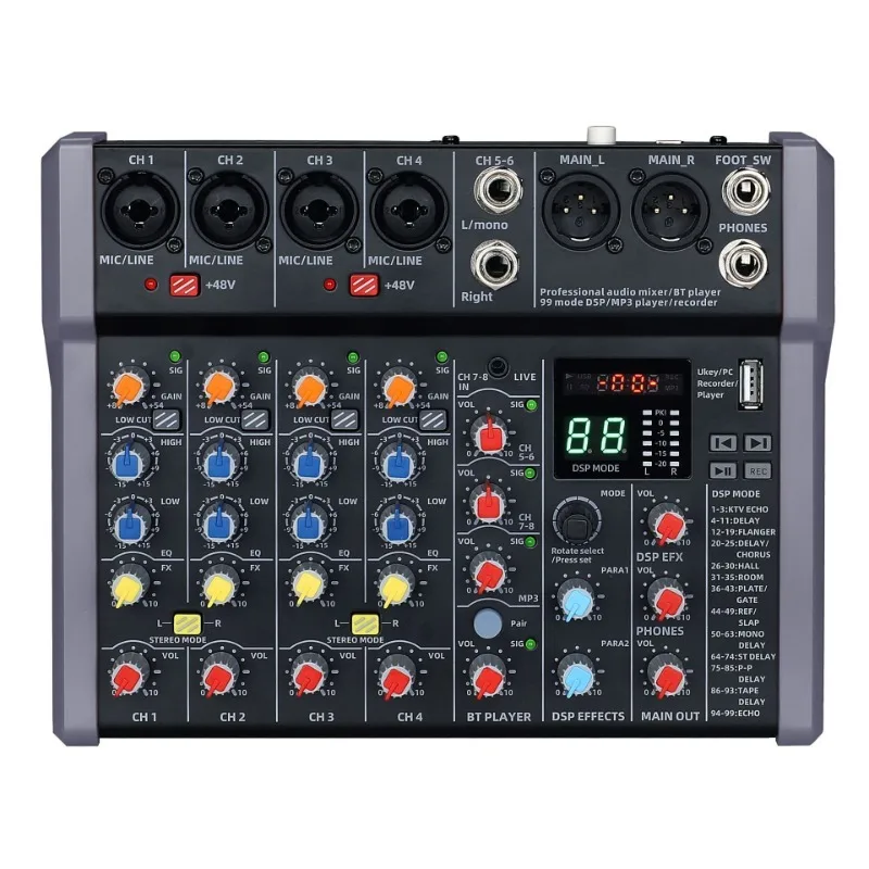 4/6/8 Channel 99 DSP Audio Mixer 48V Phantom Power Type-C Studio Sound Mixers Bluetooth DJ Console Mixing for Karaok
4/6/8 Channel 99 DSP Audio Mixer 48V Phantom Power Type-C Studio Sound Mixers Bluetooth DJ Console Mixing for Karaok