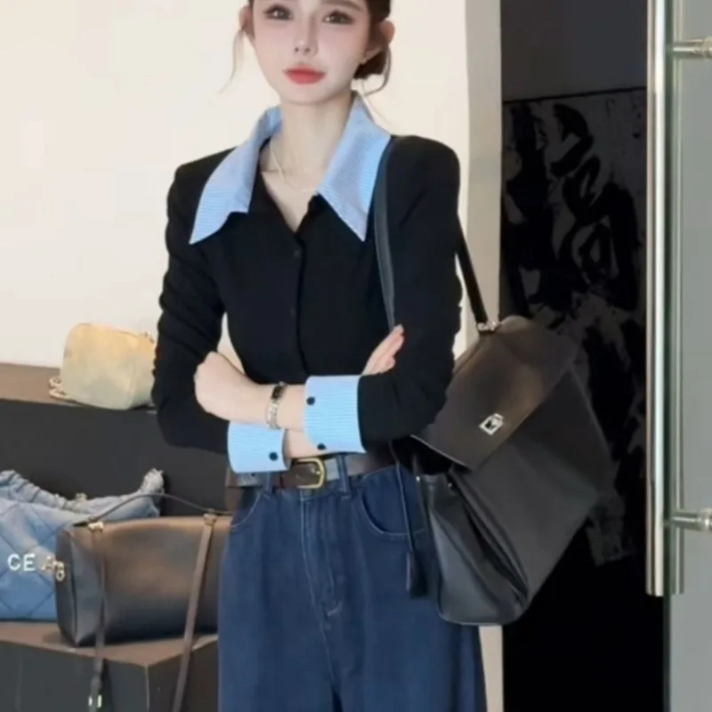 Рубашка с длинными рукавами и лацканами контрастного цвета в корейском стиле, искусственный кардиган из двух частей, облегающий топ
Рубашка с длинными рукавами и лацканами контрастного цвета в корейском стиле, искусственный кардиган из двух частей, облегающий топ