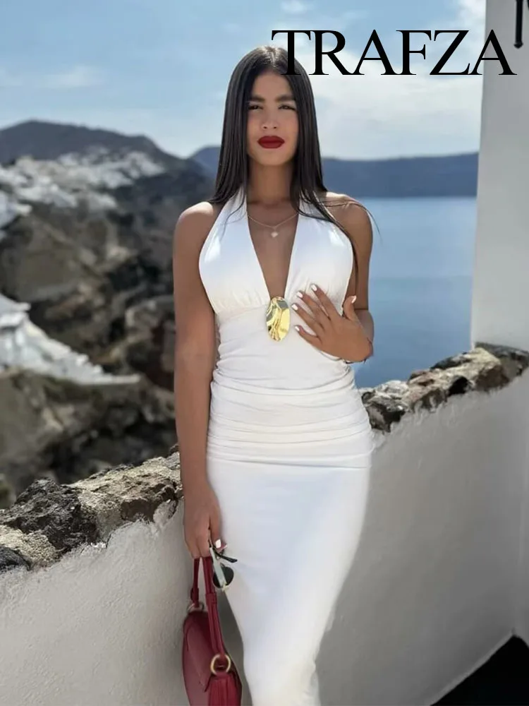 TRAFZA Women's New Fashion Sexy Long Dresses White V-Neck Backless Decoration Female Summer Beach Style Slim Sleeveless Dress
TRAFZA Women's New Fashion Sexy Long Dresses White V-Neck Backless Decoration Female Summer Beach Style Slim Sleeveless Dress