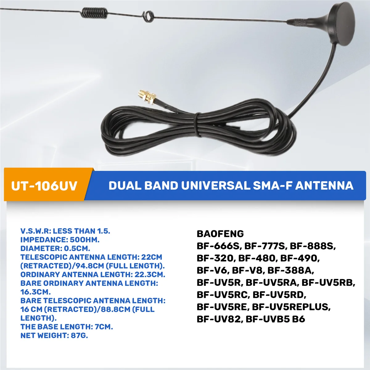 A95U UT-106UV walkie talkie antenna DIAMOND SMA-F UT106 for HAM Radio BAOFENG UV-5R BF-888S UV-82 UV-5RE long antenna
A95U UT-106UV walkie talkie antenna DIAMOND SMA-F UT106 for HAM Radio BAOFENG UV-5R BF-888S UV-82 UV-5RE long antenna