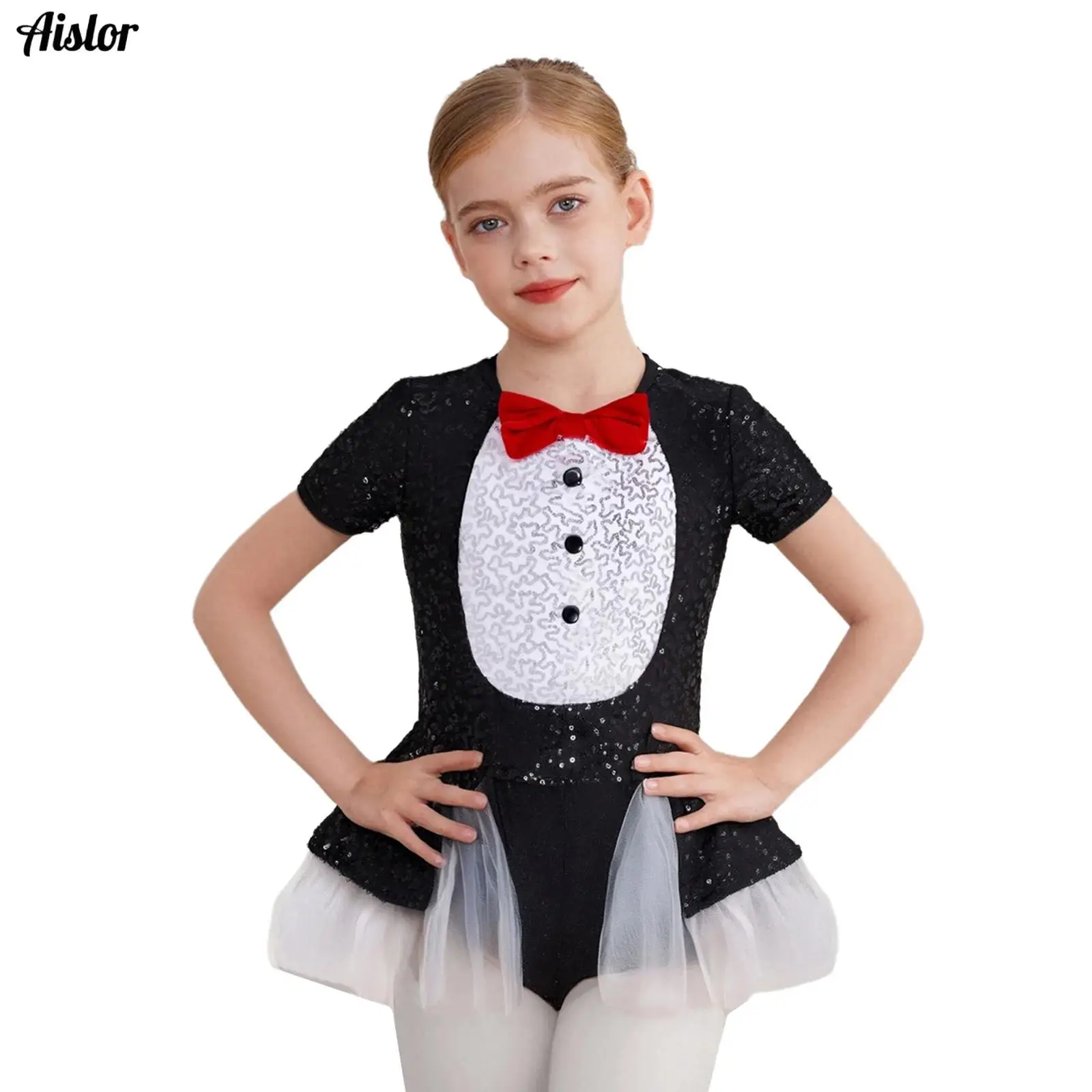 Girls Ballet Tutu Dress Penguin Costume Color Contrast Sequins Short Sleeve Bow Tie Button Puffy Mesh Skirt with Built-In Shorts
Girls Ballet Tutu Dress Penguin Costume Color Contrast Sequins Short Sleeve Bow Tie Button Puffy Mesh Skirt with Built-In Shorts