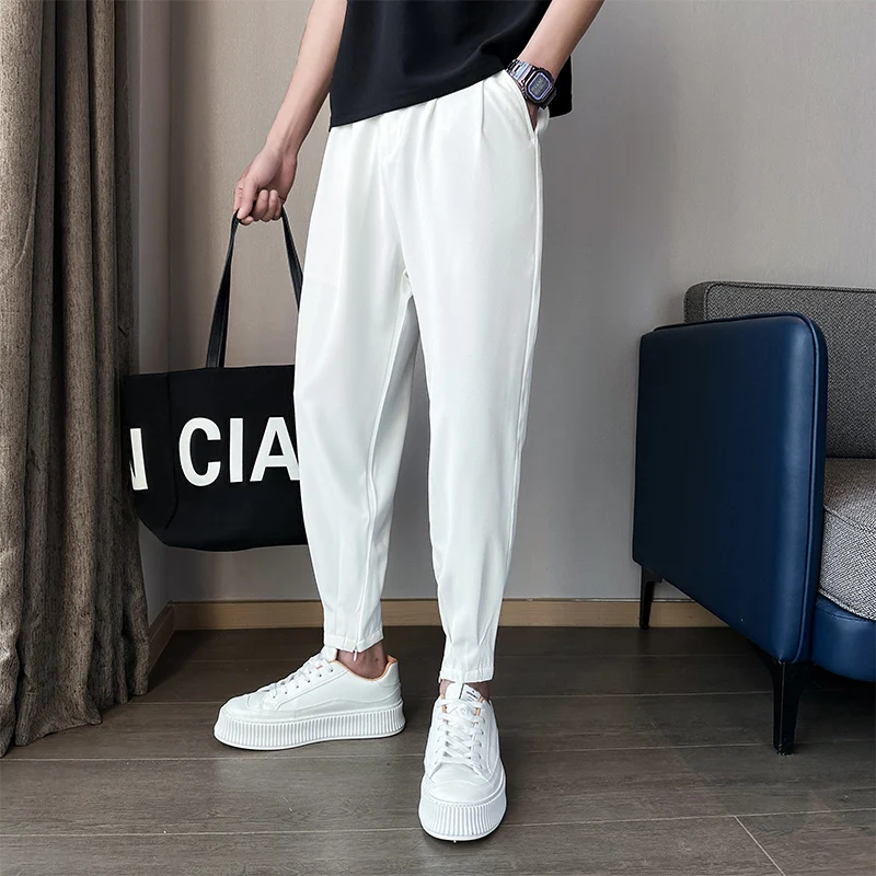 Summer Ice Silk Ultra-thin Men's Casual Suit Pants Fashion Zipper Beam Feet Street Harem Ankle Length Trousers Black White
Summer Ice Silk Ultra-thin Men's Casual Suit Pants Fashion Zipper Beam Feet Street Harem Ankle Length Trousers Black White