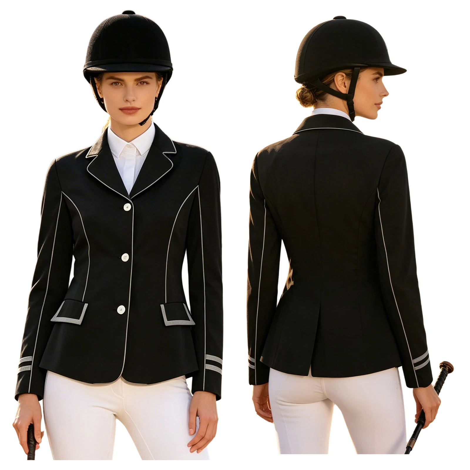 Long Sleeve Equestrian Blazer Coat for Women Contrast Trim Lapel Collar Button Closure Horse Riding Jacket with Pockets
Long Sleeve Equestrian Blazer Coat for Women Contrast Trim Lapel Collar Button Closure Horse Riding Jacket with Pockets