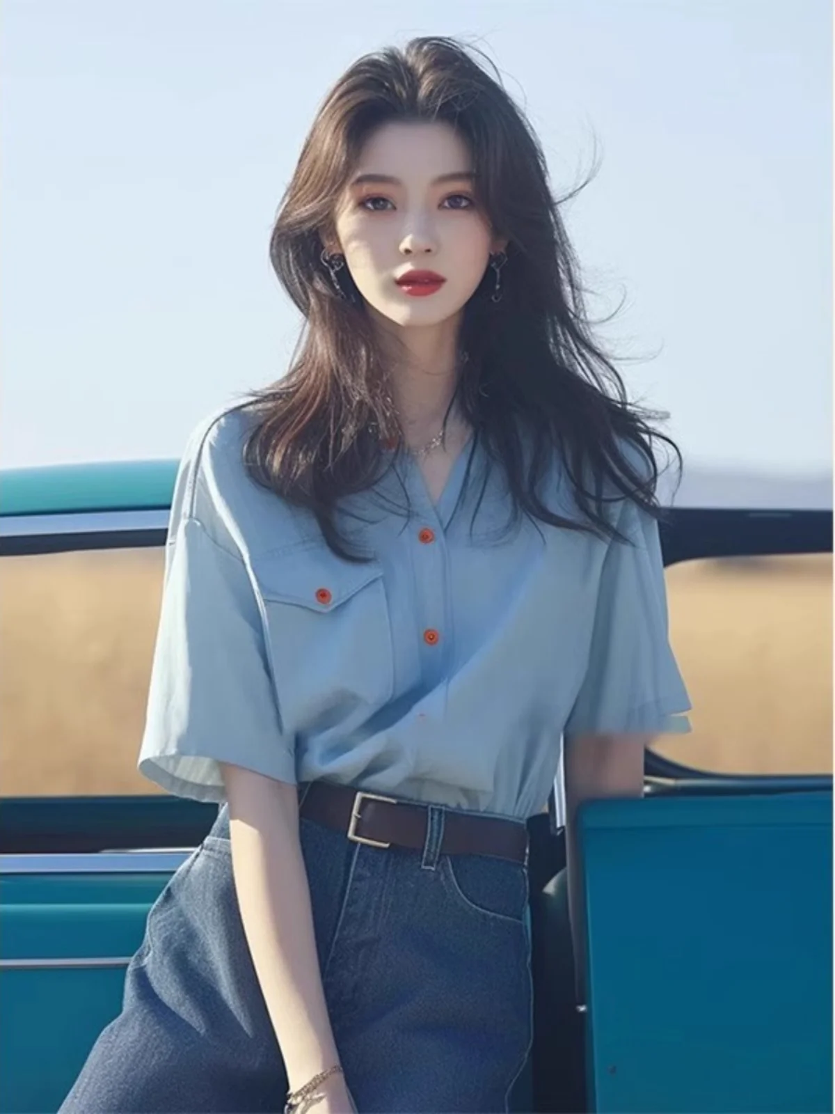 Unique Design Light Maturi Sle Blue irt Versatile Loose Fit ort Sve V-Ne Pure Color Summer Top for Women 25-29
Unique Design Light Maturi Sle Blue irt Versatile Loose Fit ort Sve V-Ne Pure Color Summer Top for Women 25-29