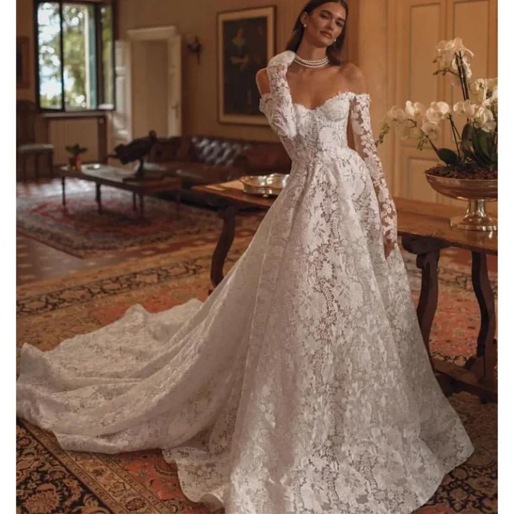Customized Vintage Long Sleeve Sexy Off The Shoulder Chic Bridal Gowns Luxury A Line Lace Wedding Dress
Customized Vintage Long Sleeve Sexy Off The Shoulder Chic Bridal Gowns Luxury A Line Lace Wedding Dress