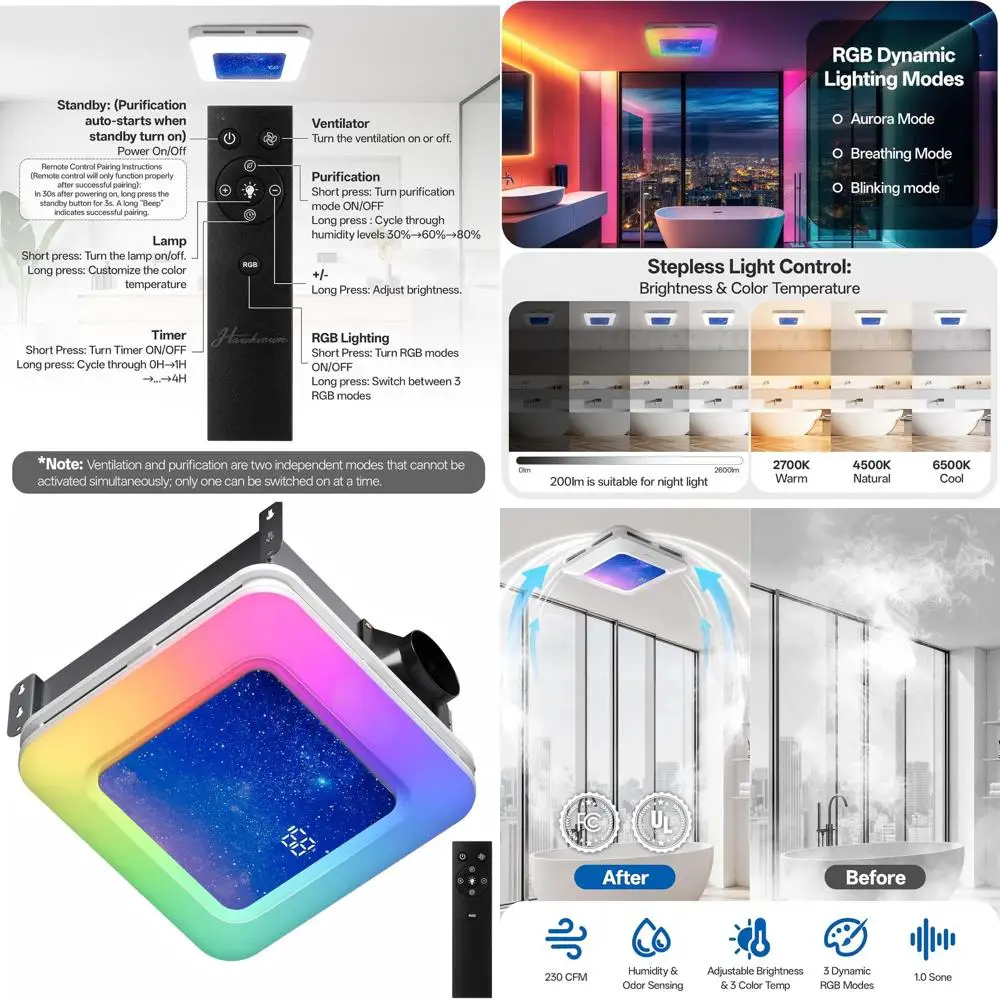 Smart Exhaust Fan with 3-Color Temperature Lights, 230V 1.0 Sone, 11.22 x 11.22, Remote Control
Smart Exhaust Fan with 3-Color Temperature Lights, 230V 1.0 Sone, 11.22 x 11.22, Remote Control