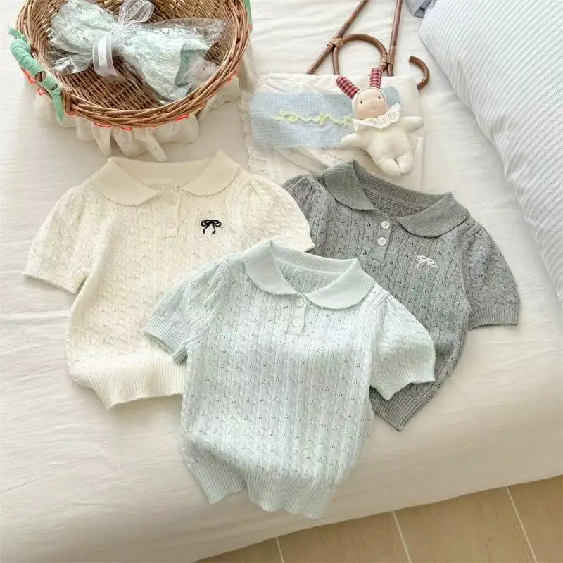 New Summer Clothing Fashionable Korean Children's Clothing Bow Polo Collar Short Sleeved Knitwear Girl Top
New Summer Clothing Fashionable Korean Children's Clothing Bow Polo Collar Short Sleeved Knitwear Girl Top