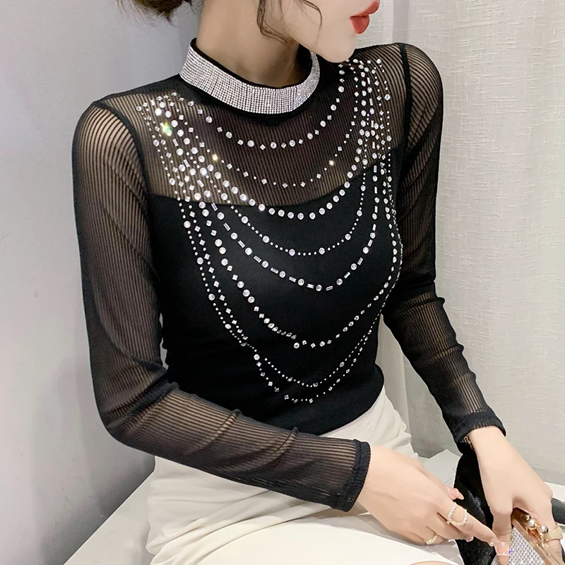 2021 Autumn New Long Sleeve Bottoming T shirt Stand Collar Diamond Mesh Tops Korean Fashion Black Women Tees
2021 Autumn New Long Sleeve Bottoming T shirt Stand Collar Diamond Mesh Tops Korean Fashion Black Women Tees