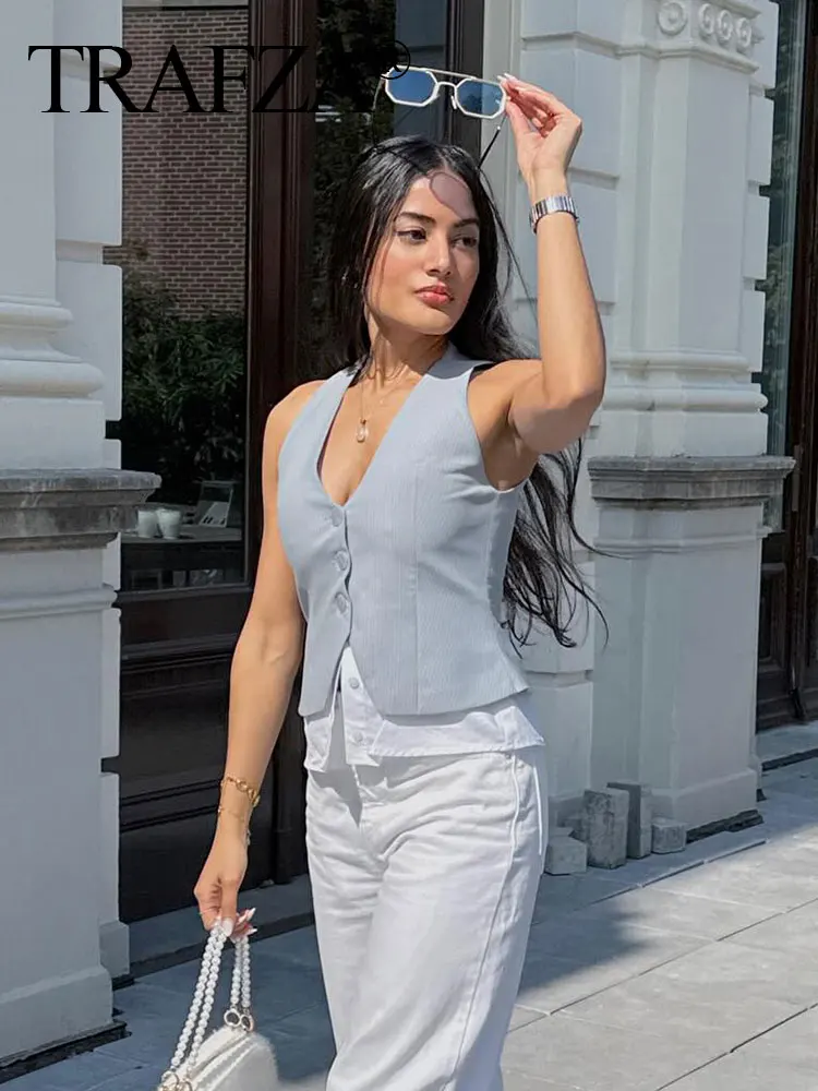 TRAFZA Summer Female Street Style Chic Single-Breasted Splicing Casual Vest Top Fashion Women Stripe V-Neck Sleeveless Tank Tops
TRAFZA Summer Female Street Style Chic Single-Breasted Splicing Casual Vest Top Fashion Women Stripe V-Neck Sleeveless Tank Tops