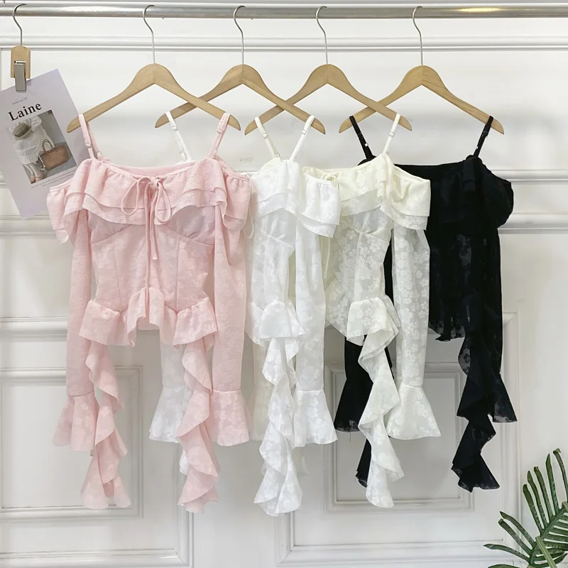 Жаккардовые рубашки Fairy с открытыми плечами для женщин, милый топ с рукавами-трубой и лентой, весенне-летний Blusas Femininas 
Жаккардовые рубашки Fairy с открытыми плечами для женщин, милый топ с рукавами-трубой и лентой, весенне-летний Blusas Femininas