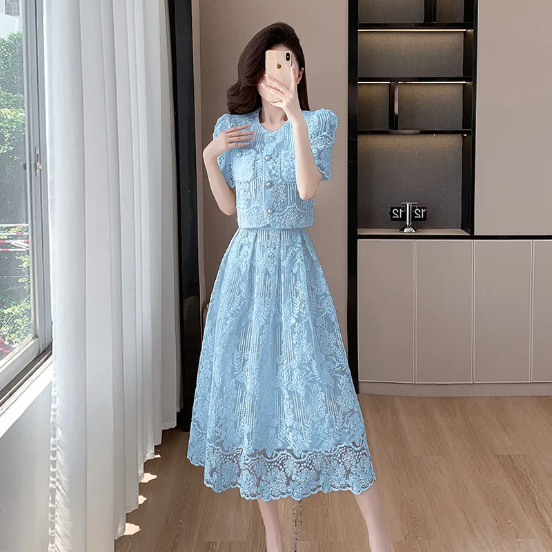 Lace Top High Waist Skirt Set Elegant Short Sleeve Blouse Top Matching Set Spring Summer
Lace Top High Waist Skirt Set Elegant Short Sleeve Blouse Top Matching Set Spring Summer