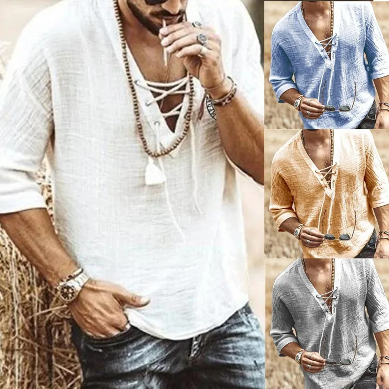 2026 Summer New Men's V-Neck Lace Up Casual Shirt Solid Color Seven Quarter Sleeve Loose Fit Streetwear Tops
2026 Summer New Men's V-Neck Lace Up Casual Shirt Solid Color Seven Quarter Sleeve Loose Fit Streetwear Tops