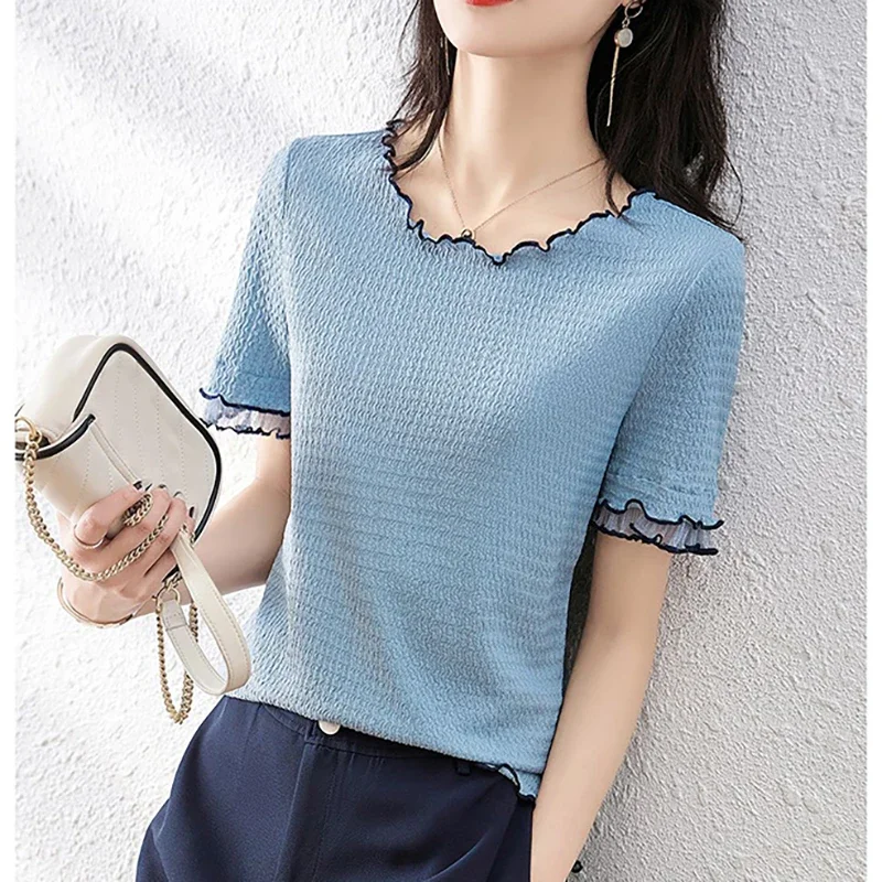 Модные футболки с круглым вырезом и оборками из газовой ткани с рукавами-бабочками женская одежда 2024 летние свободные элегантные топы Офисная Женская футболка L27
Модные футболки с круглым вырезом и оборками из газовой ткани с рукавами-бабочками женская одежда 2024 летние свободные элегантные топы Офисная Женская футболка L27