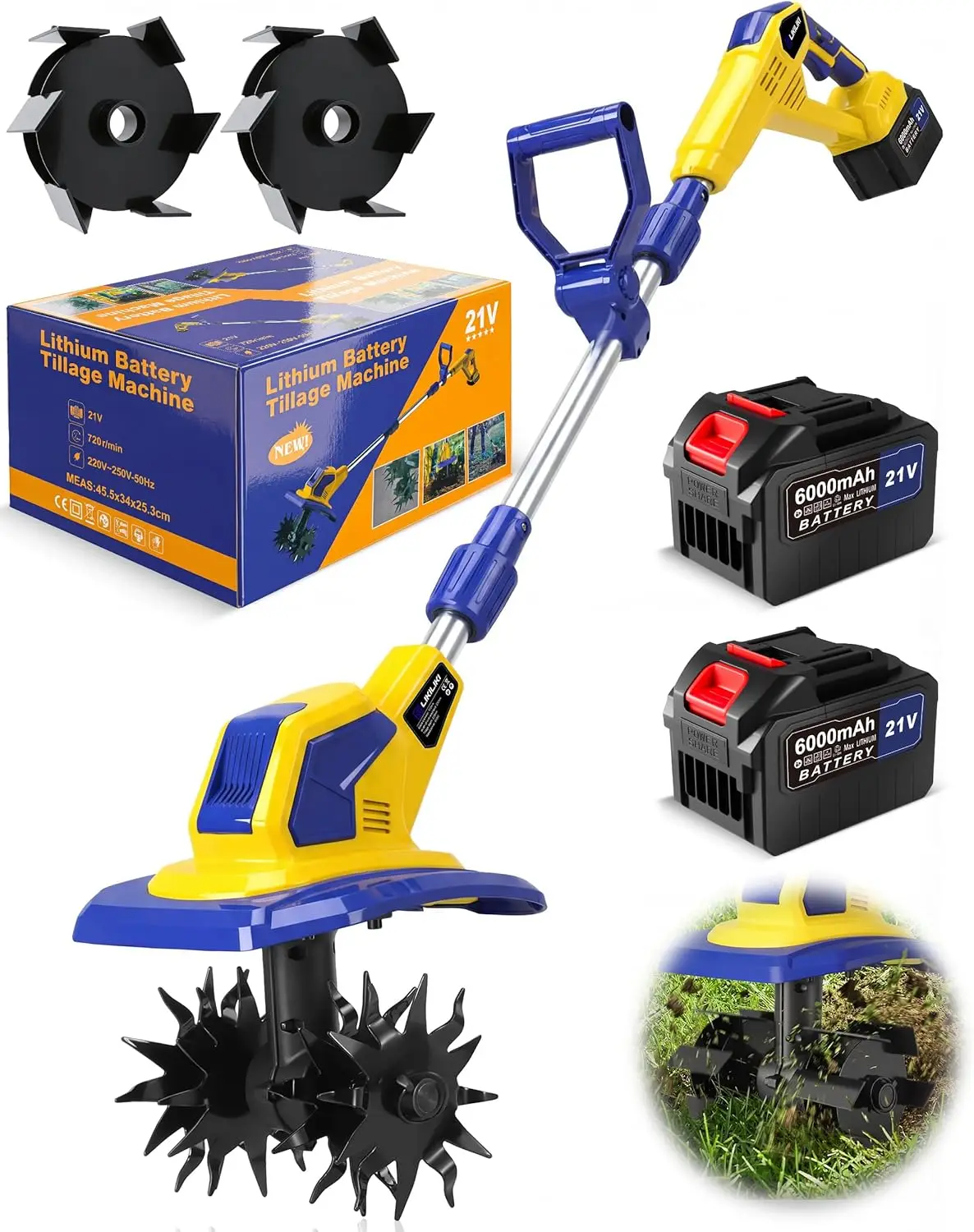 21V Cordless Tiller Cultivator 720RPM Electric Garden Tiller with 2 6 0Ah Batteries Charger 1 Soil Tilling Blade and 1 Weed
21V Cordless Tiller Cultivator 720RPM Electric Garden Tiller with 2 6 0Ah Batteries Charger 1 Soil Tilling Blade and 1 Weed