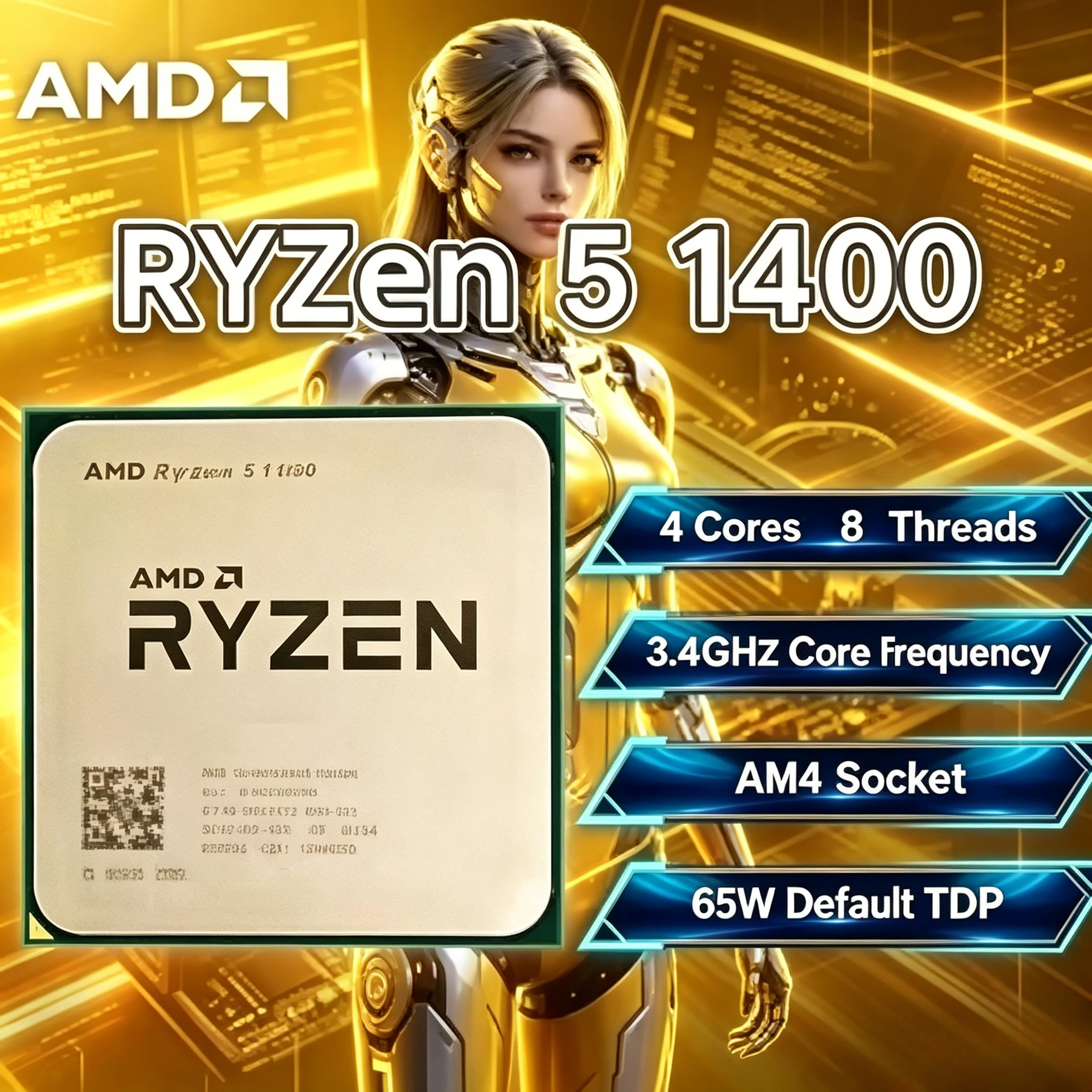 AMD Ryzen 5 1400 R5 1400 3.2GHz Quad-Core CPU Processor Socket AM4