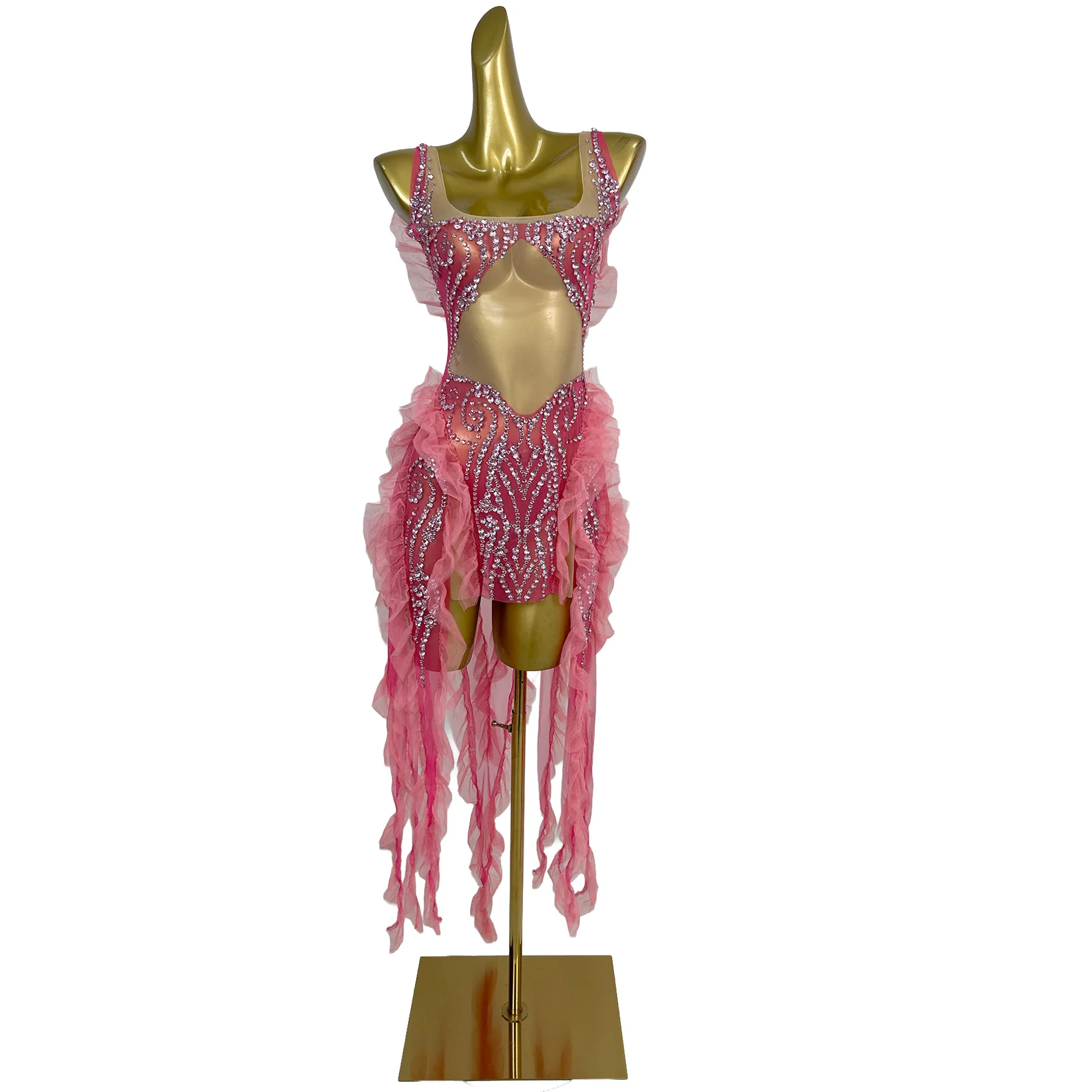 Mitao Elegant Pink Rhinestone Tulle Sheer Mesh Cutout Bodycon Mini Dress Stage Show Latin Dance Costume for Women
Mitao Elegant Pink Rhinestone Tulle Sheer Mesh Cutout Bodycon Mini Dress Stage Show Latin Dance Costume for Women