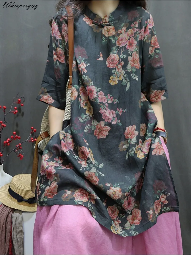 2024 Summer New Ramie Printed Vintage Tops Female Stand-up Collar Button Loose Blouse Chinese Style Mid-length Shirt Dress Women
2024 Summer New Ramie Printed Vintage Tops Female Stand-up Collar Button Loose Blouse Chinese Style Mid-length Shirt Dress Women
