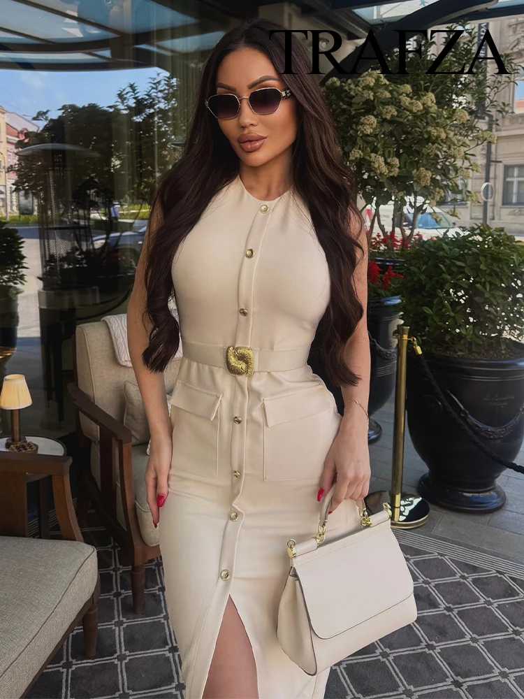 TRAFZA 2025 Women Single Breasted Hem Slit Belt Decorate Dress Female Elegant Crew-Neck Sleeveless Back Zipper Slim Midi Dress
TRAFZA 2025 Women Single Breasted Hem Slit Belt Decorate Dress Female Elegant Crew-Neck Sleeveless Back Zipper Slim Midi Dress