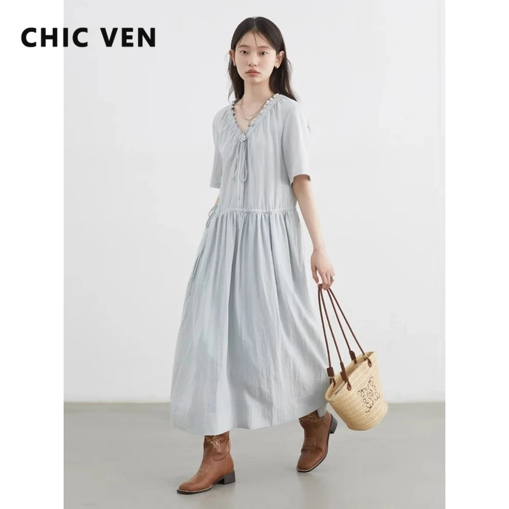 CHIC VEN Women Dresses Blue A Line Solid Short Sleeve Mushroom Lace Waist Adjustable Long Ladies Pullover Dress Summer 2026
CHIC VEN Women Dresses Blue A Line Solid Short Sleeve Mushroom Lace Waist Adjustable Long Ladies Pullover Dress Summer 2026