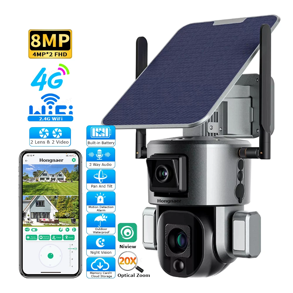 8MP Dual Lens 8X 20X Zoom Wireless Solar Powered 4G Security Niview 4K Outdoor WiFi 4G SIM CCTV Solar
8MP Dual Lens 8X 20X Zoom Wireless Solar Powered 4G Security Niview 4K Outdoor WiFi 4G SIM CCTV Solar