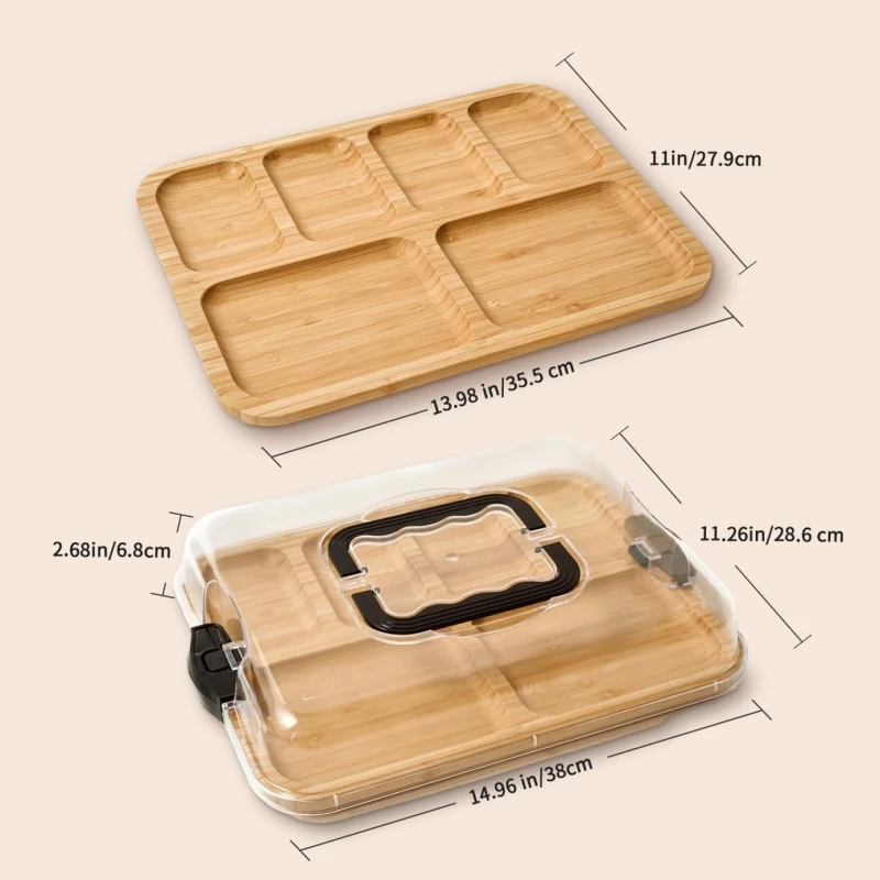 6 Compartment Bamboo Snack Tray with Clear Airtight Lid, Locking Clips Detachable Handle, Portable Platter Charcuterie Organizer
6 Compartment Bamboo Snack Tray with Clear Airtight Lid, Locking Clips Detachable Handle, Portable Platter Charcuterie Organizer